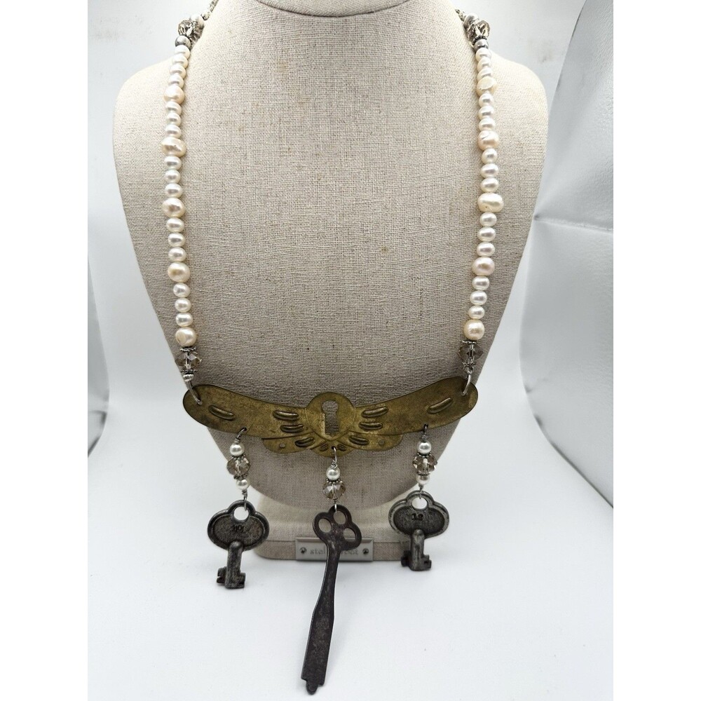 Handmade Antique Keys Freshwater Pearl Statement Necklace 24”